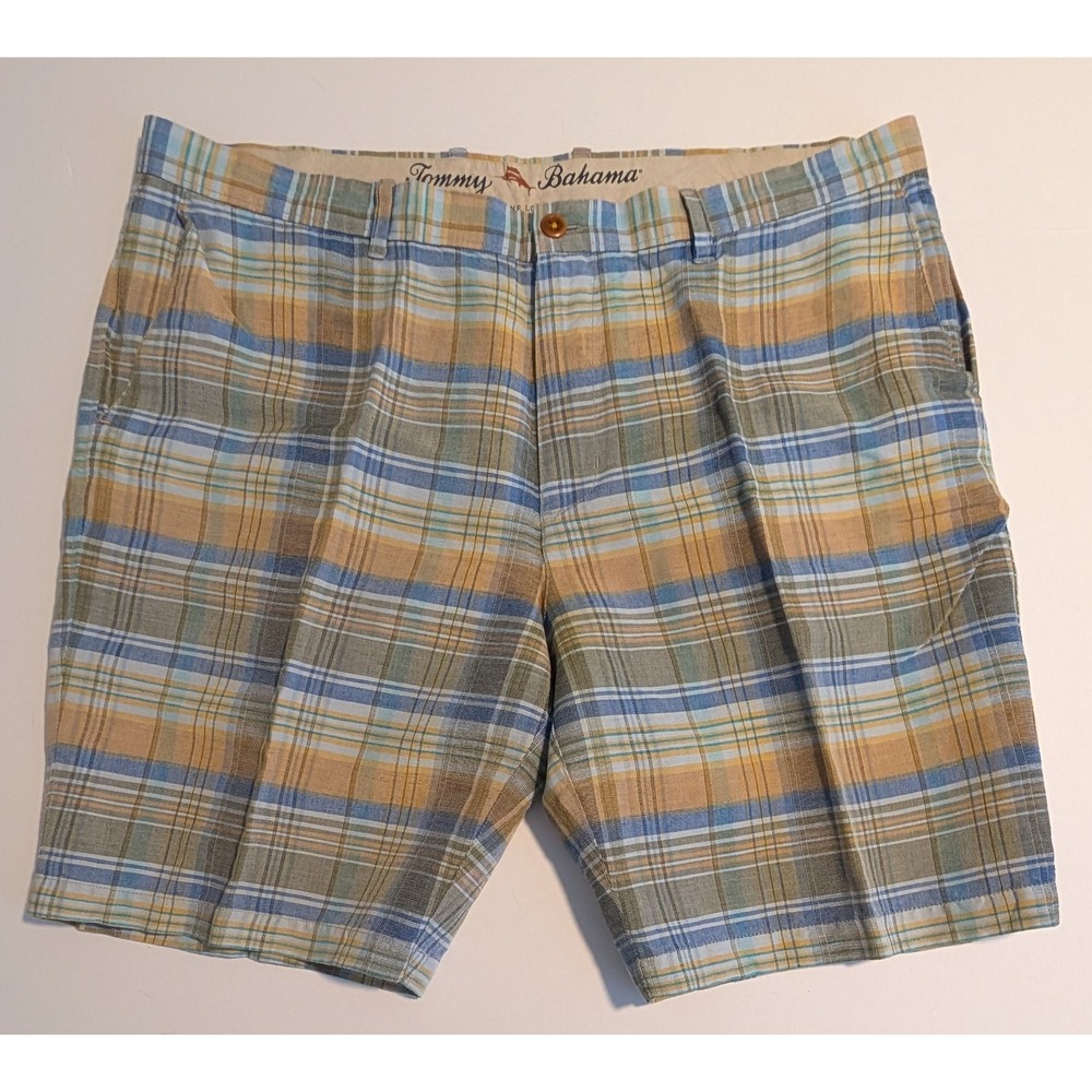 NWOT Tommy Bahama Golf Mens 40 Plaid Linen Blend Shorts Blue Flat Front NICE!
